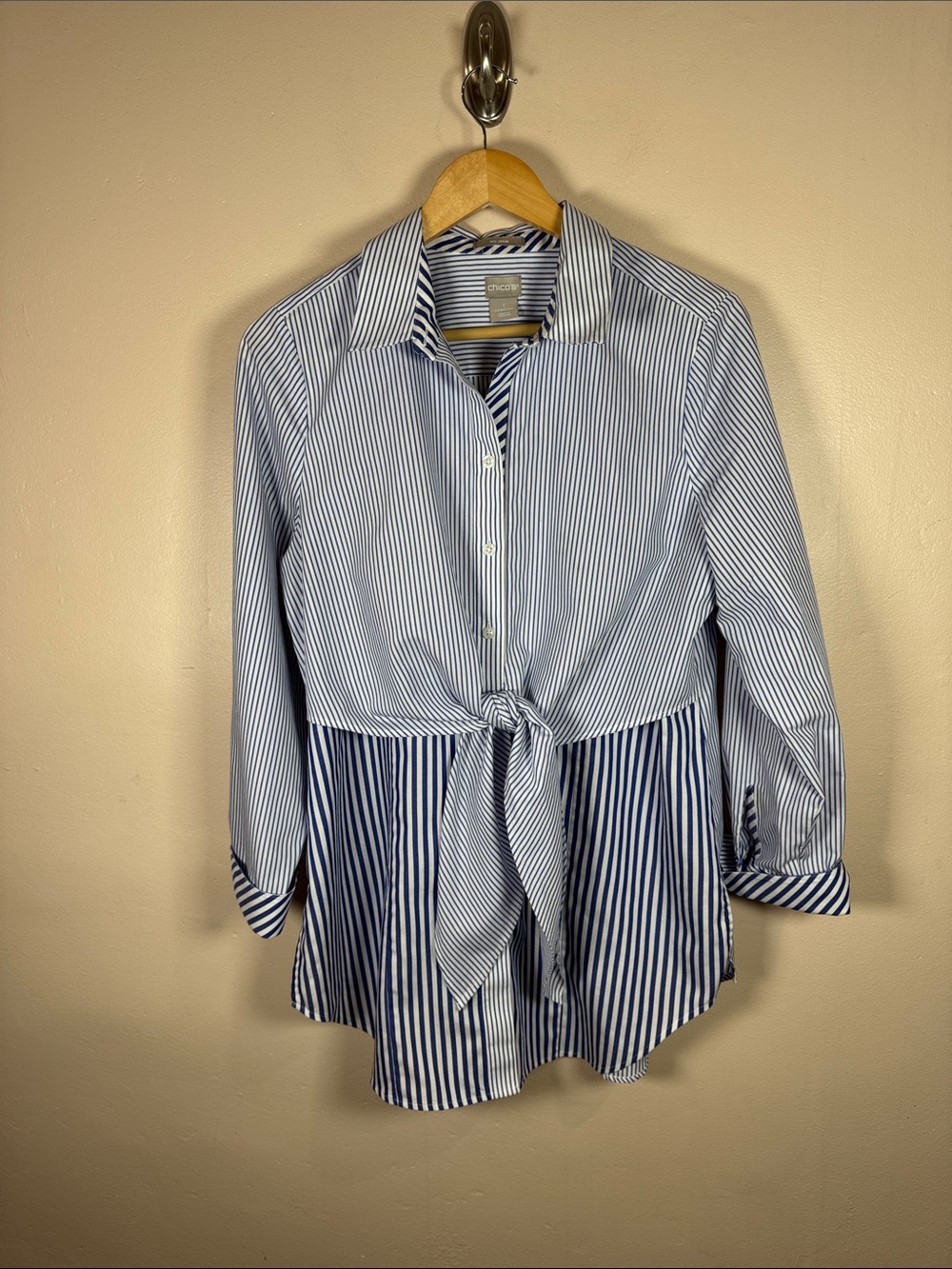 Chico's Womens Striped Tie-Front Button Down Shirt M Nautical Coastal Preppy